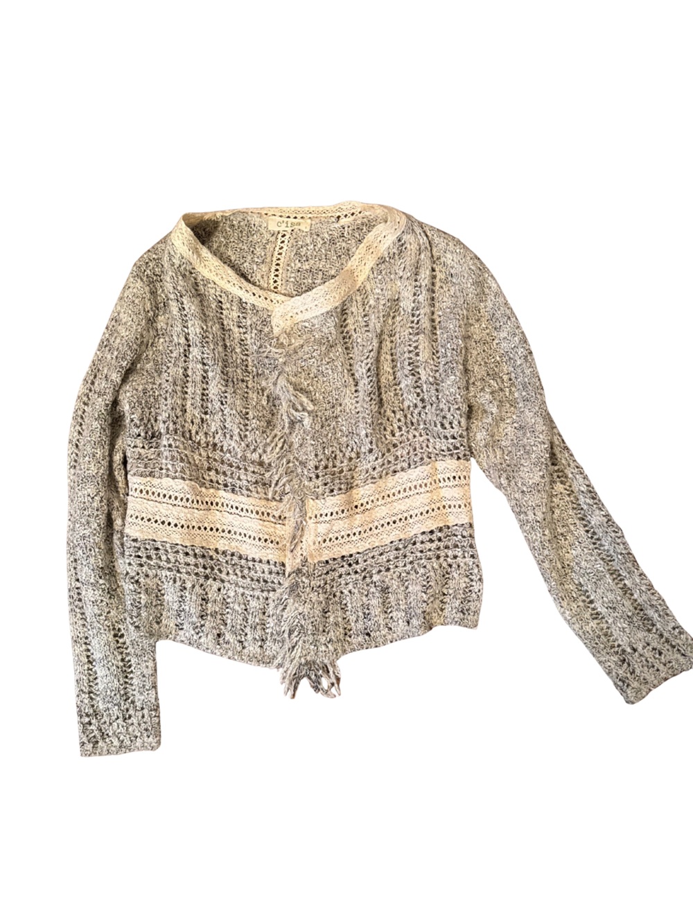 Open-Knit Gray and Cream Cropped Cardigan with Lace Trim